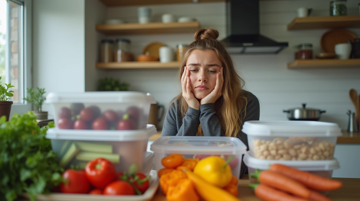 A busy kitchen with colorful vegetables and meal prep containers, representing the challenge of meal planning and Meal Prep Tips.