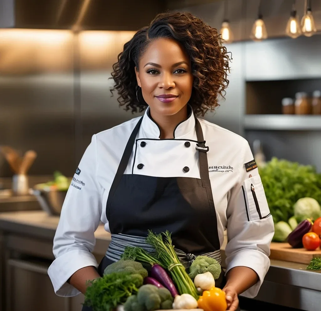 Chef Lexi, a talented American chef with a slightly lighter dark complexion, confidently preparing a bussin' recipe in a modern kitchen. Dressed in a professional chef’s uniform, she has a warm and friendly expression. Surrounded by fresh ingredients and a beautifully prepared dish, Chef Lexi radiates culinary expertise and passion.