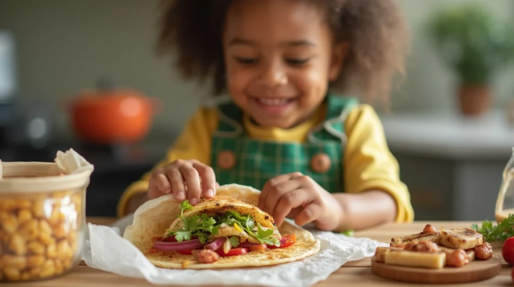 Child assembling a wrap in the kitchen with colorful ingredients, making meal prep fun for the family.