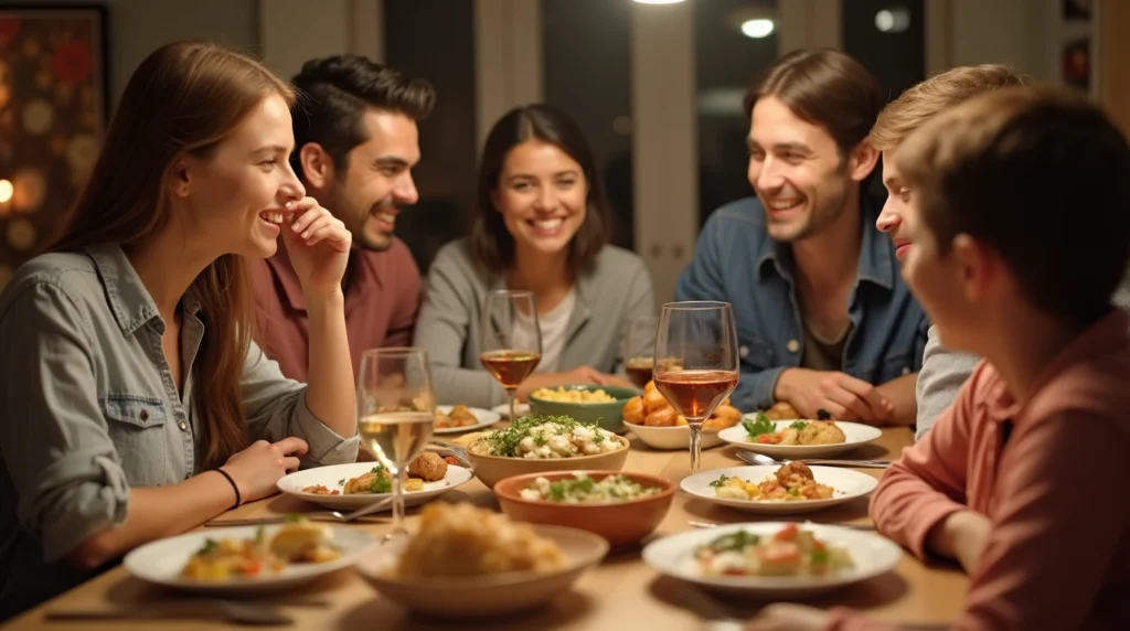 A family enjoying dinner together at a cozy table with delicious food.