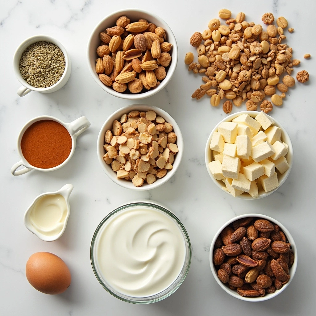 Ingredients for a customizable high-protein breakfast, including tofu, plant-based yogurt, nuts, and seeds for a vegan option.