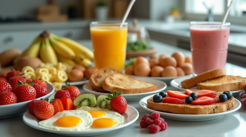 Various breakfast dishes including toast, eggs, fruits, and smoothies arranged on a kitchen counter.