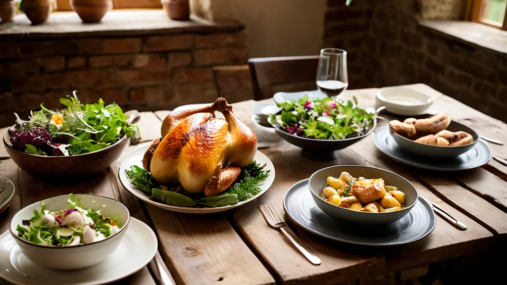 A cozy dining table with a variety of dinner dishes for a family meal."