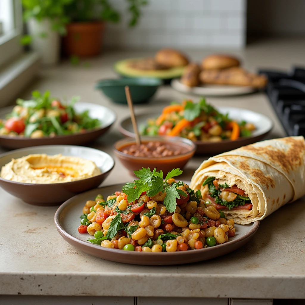 A selection of Healthy Lunch Recipes Vegetarian, featuring easy meal ideas such as wraps, grain bowls, and stir-fries, beautifully arranged on a kitchen counter.
