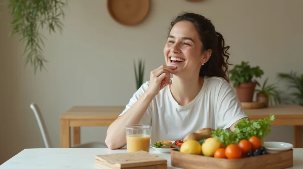 A person enjoying a colorful and healthy lunch at a modern dining table.