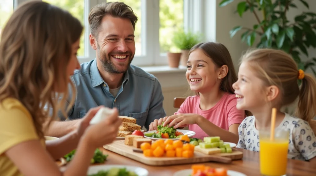 A family enjoying a healthy, colorful lunch with sandwiches and veggies, perfect for all ages.