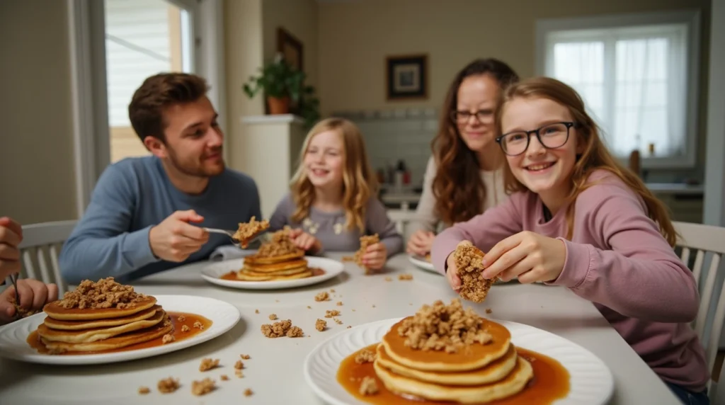 A family enjoying a healthy breakfast with pancakes and homemade granola bars.