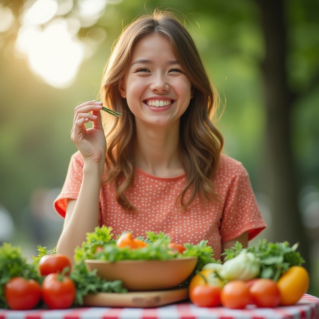 A happy person enjoying a fresh and colorful vegetarian lunch outdoors, promoting a healthy and vibrant lifestyle.