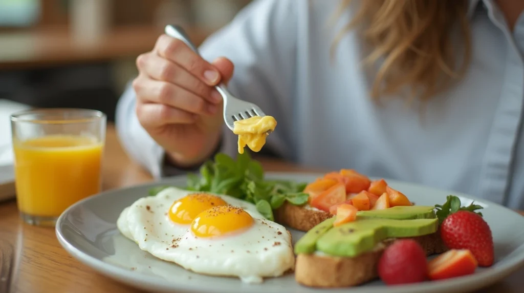 A balanced breakfast with avocado toast, eggs, and fresh fruit for a healthy start to the day.