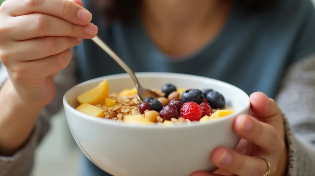 A healthy breakfast of oatmeal topped with fruits and nuts, perfect for boosting energy.