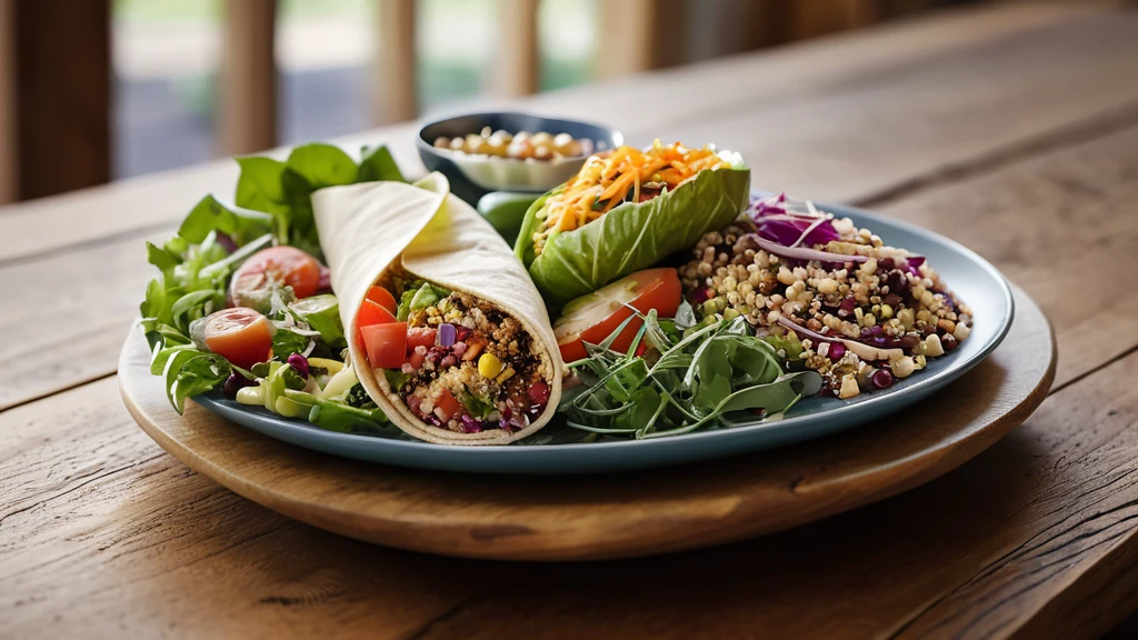 Three healthy lunch options: a wrap, a grain bowl, and a garden salad on a wooden table.