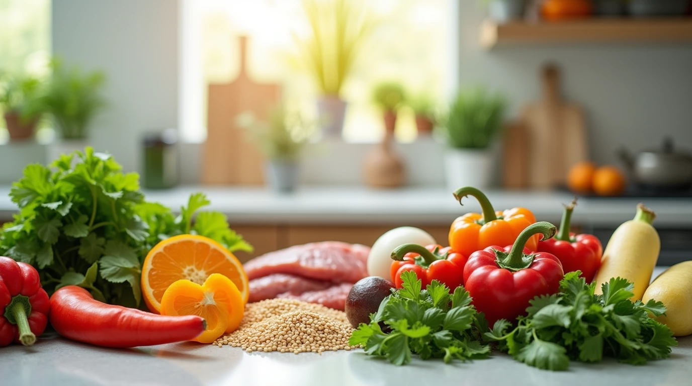 A kitchen counter filled with fresh vegetables, grains, and proteins ready for meal preparation.