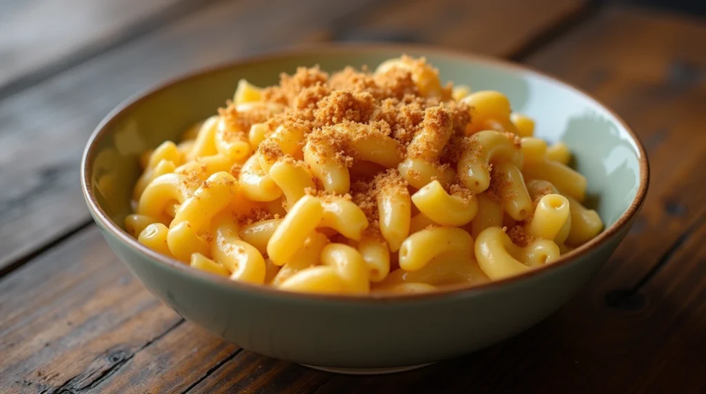 Comforting creamy mac and cheese slow cooker recipe, an easy weeknight slow cooker meal, topped with breadcrumbs.