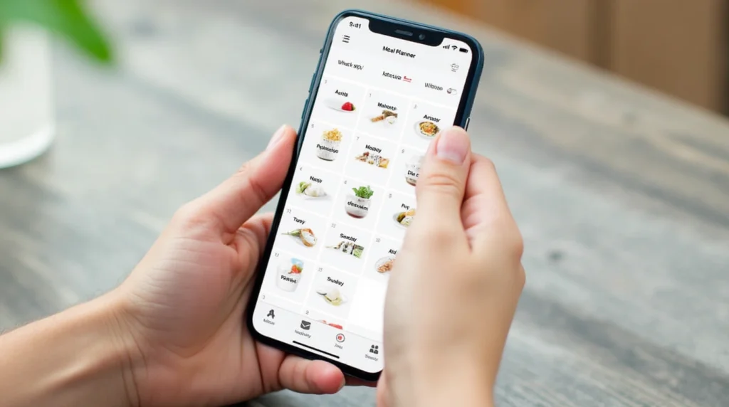 A person planning meals using a meal planner app or calendar, showing the importance of planning ahead for meal prep.