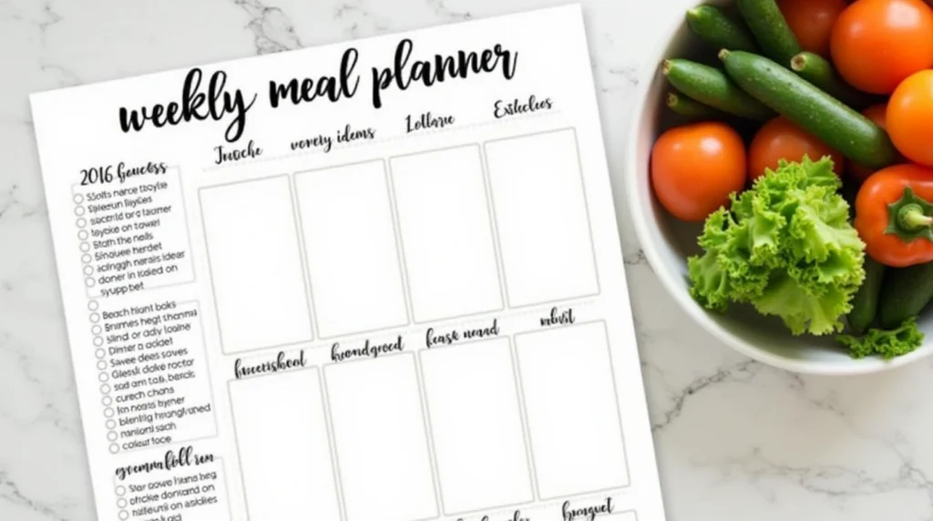 A weekly meal planner with dinner ideas and fresh ingredients.