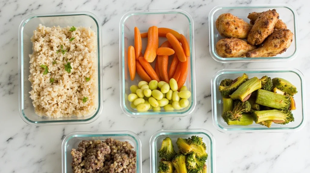 Meal prep containers filled with rice, chicken, roasted vegetables, and leafy greens on a kitchen counter.