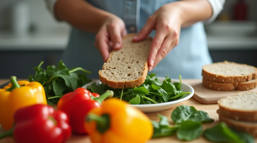 Parent preparing a quick, healthy lunch in the kitchen with colorful fresh ingredients.