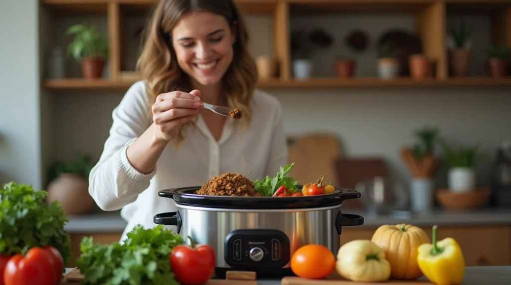 A person adding fresh vegetables and spices into a slow cooker, preparing a meal with a smile.