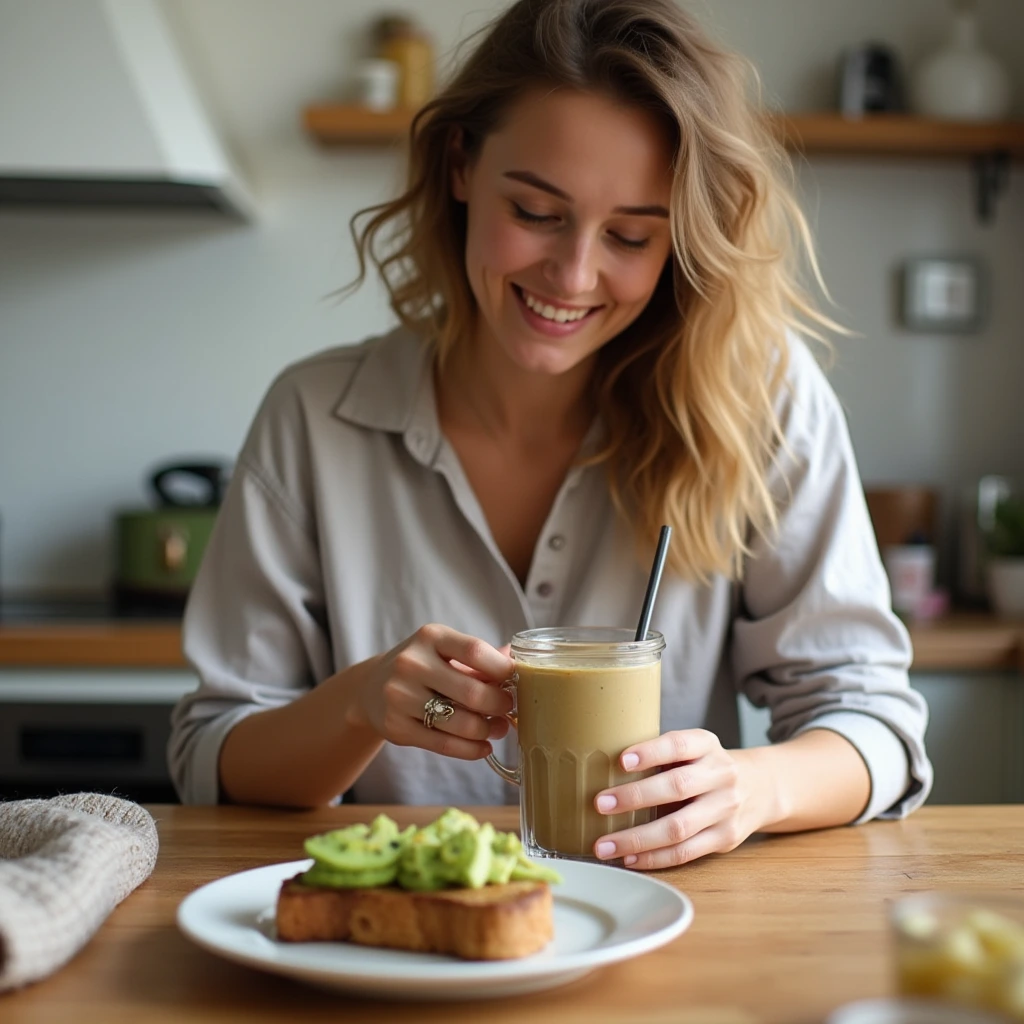 Person preparing a protein-packed smoothie and avocado toast in a kitchen, showcasing a quick and healthy breakfast.