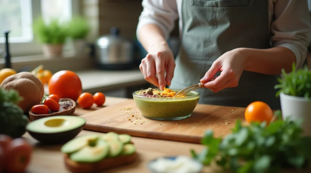 A busy kitchen with a person preparing a healthy and quick breakfast like a smoothie or avocado toast.