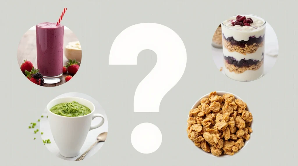 A question mark symbol surrounded by quick breakfast foods, like smoothies and granola, illustrating common breakfast queries.