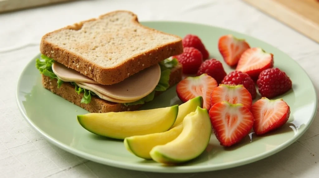 A quick lunch idea featuring a turkey sandwich on whole-grain bread with a side of fresh fruit.