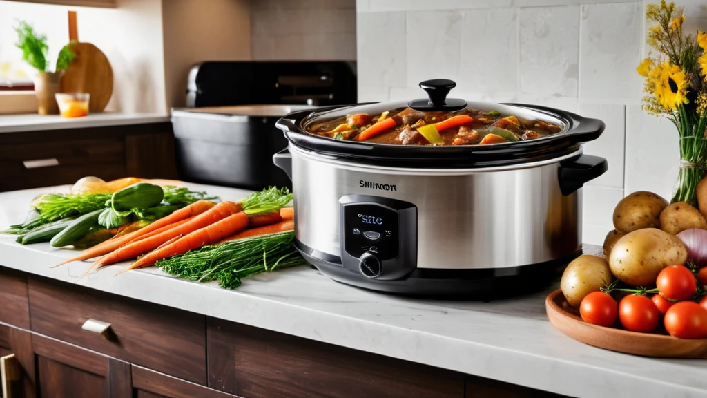 A slow cooker on a kitchen countertop with vegetables, ideal for preparing hearty meals.