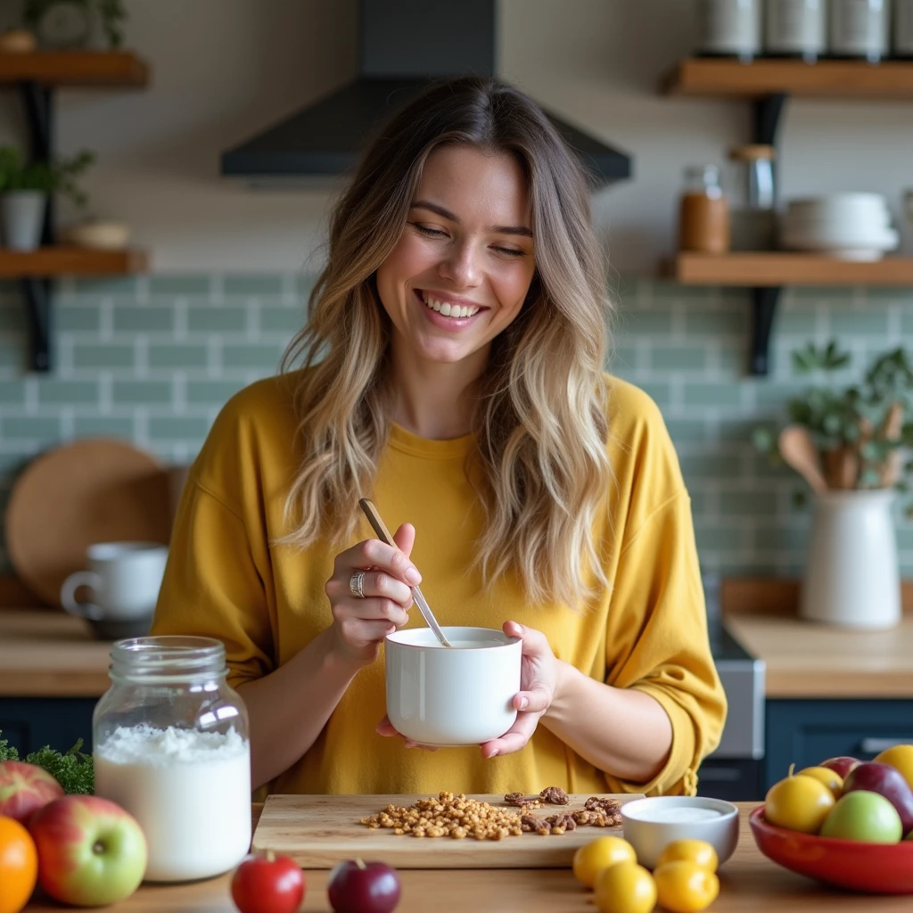 Smiling person preparing a fresh high-protein breakfast in the kitchen with ingredients like fruits, nuts, and protein powder.