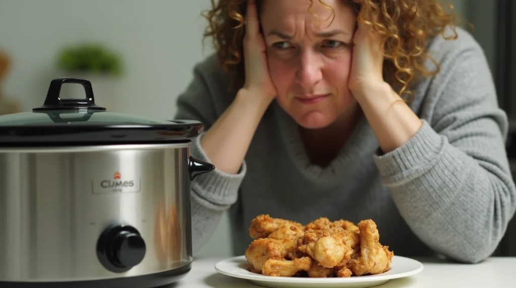 A person troubleshooting dry chicken from a slow cooker, illustrating common slow cooking issues.