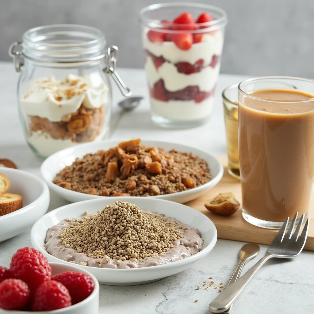 A variety of easy 5-minute high-protein breakfast recipes, including Greek yogurt parfait, chia seed pudding, and peanut butter banana smoothie.