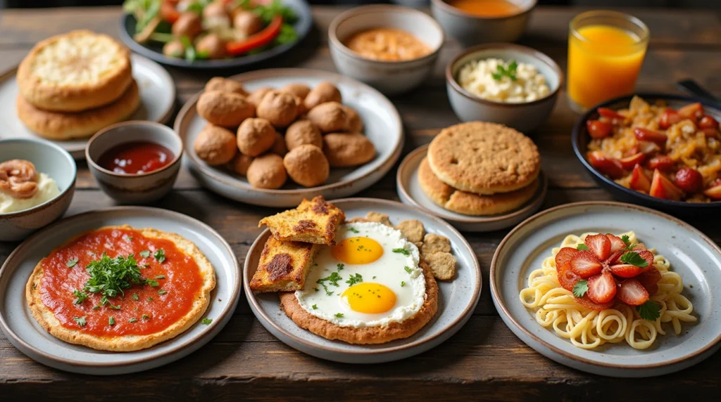 A variety of international breakfast dishes, including Shakshuka, Masala Dosa, and Tamago Kake Gohan, beautifully presented on plates.