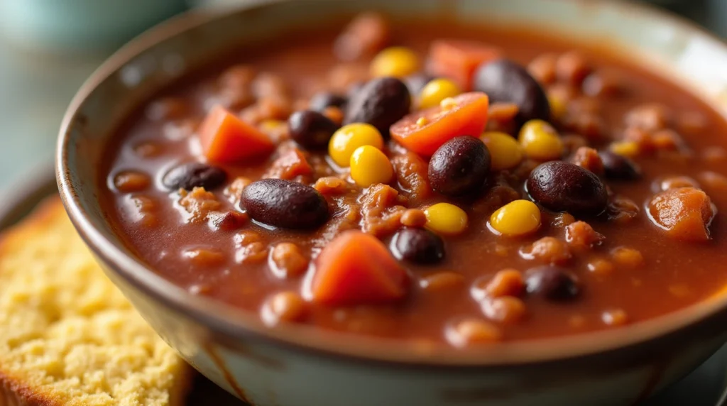 Vegetarian chili with beans and vegetables, served with cornbread.