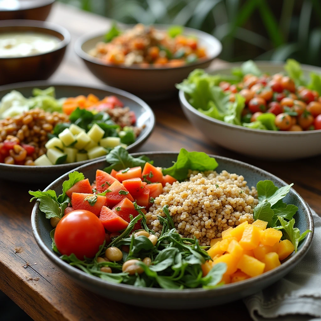 A vibrant vegetarian lunch spread with colorful salads, quinoa bowls, and fresh fruits on a rustic wooden table.