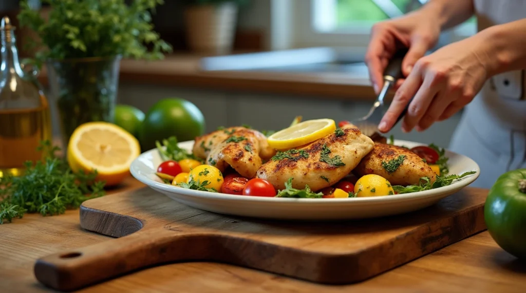 A beginner cook preparing Greek Lemon Chicken with roasted vegetables in a cozy kitchen with fresh ingredients.