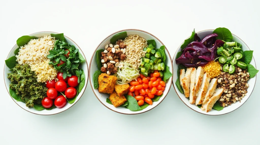 Step-by-step guide to building a healthy lunch salad with greens, grains, proteins, and dressings.