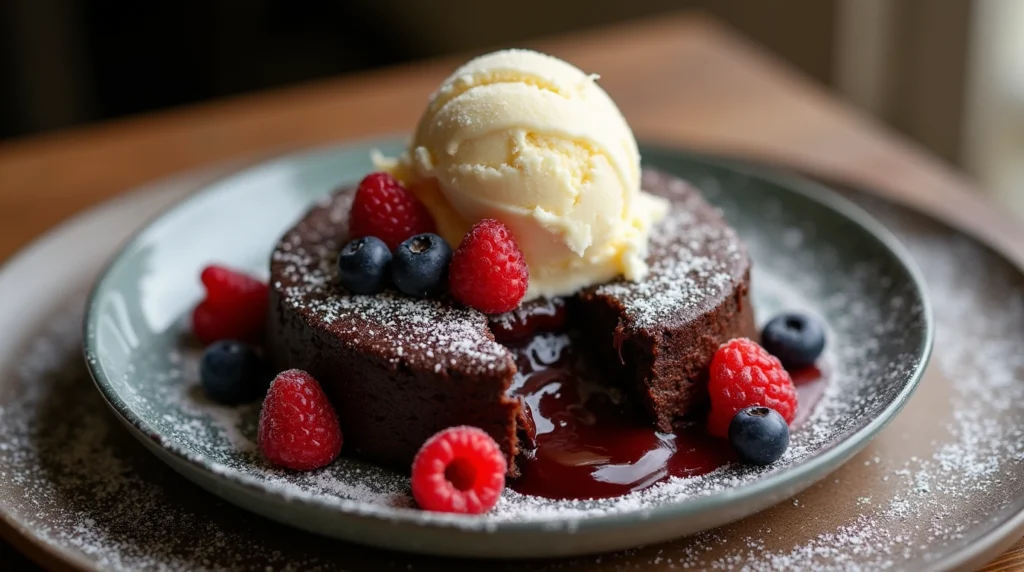 A decadent chocolate lava cake with powdered sugar, fresh berries, and vanilla ice cream, a perfect dessert for a special dinner.