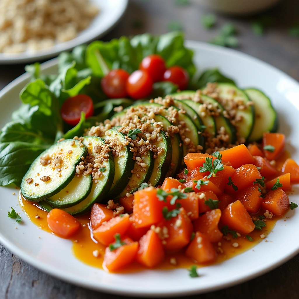 A colorful vegan dinner plate with fresh vegetables and grains, showcasing a healthy plant-based meal.