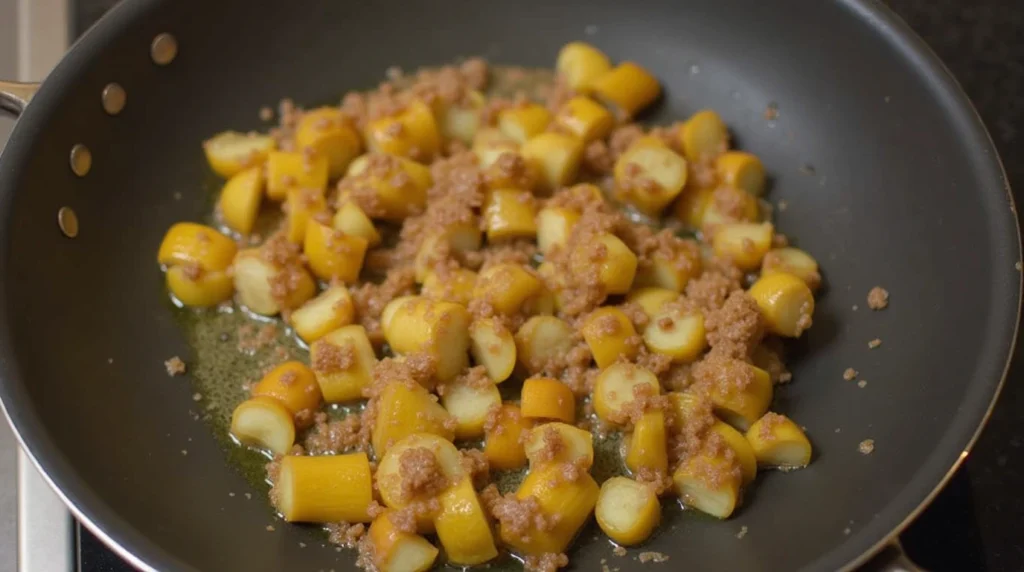 A cooking mistake, overcooked vegetables in a pan showing the importance of timing in 30-minute dinners.