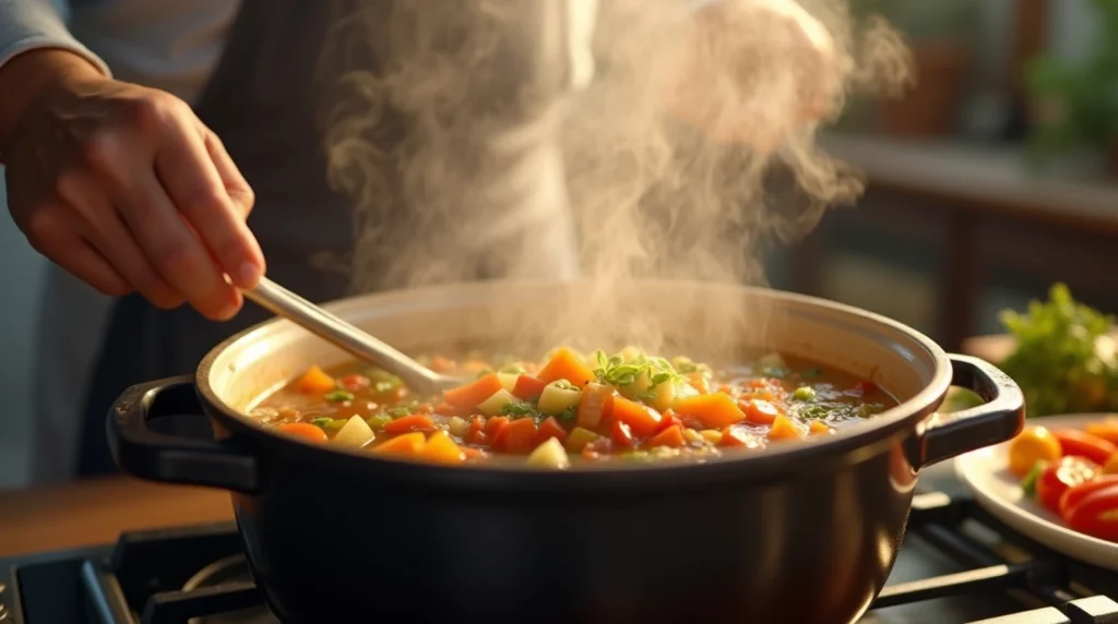 A home cook stirring a steaming pot of hearty vegetable soup filled with fresh vegetables.