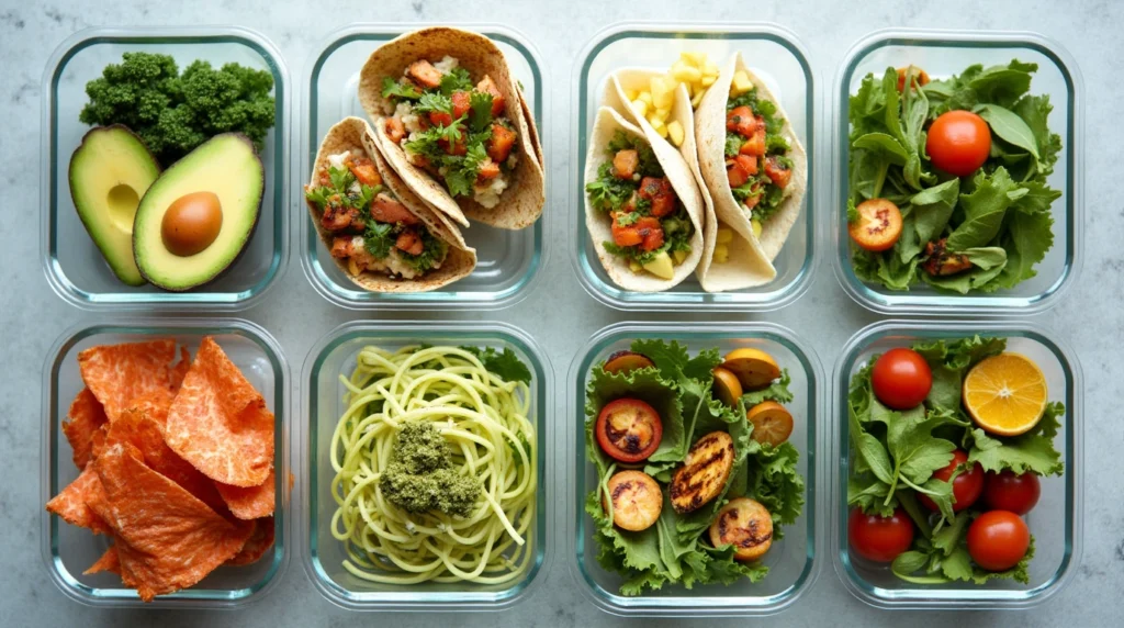 A top-down view of keto meal prep featuring avocado egg salad, turkey lettuce wraps, and zucchini noodles with pesto.