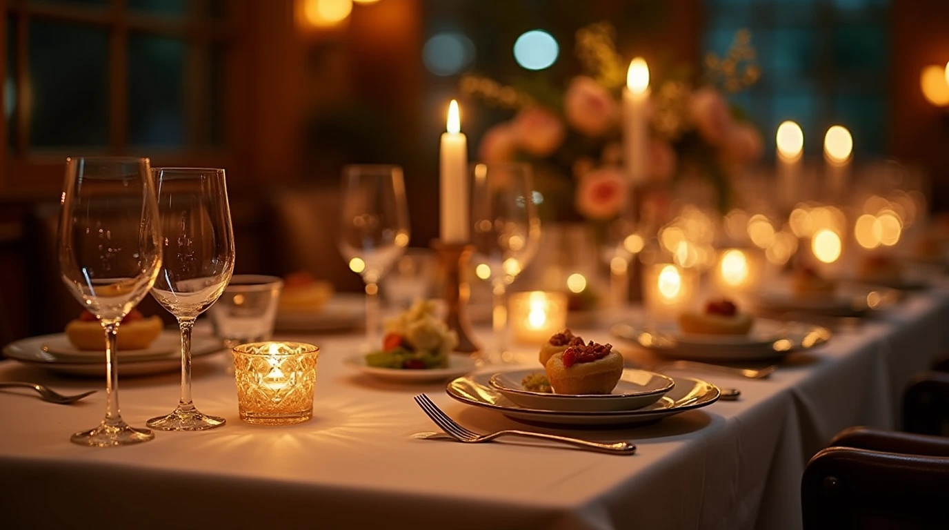 A sophisticated dinner table with candles, fine china, and a gourmet dish, setting the mood for recipes for a special dinner.