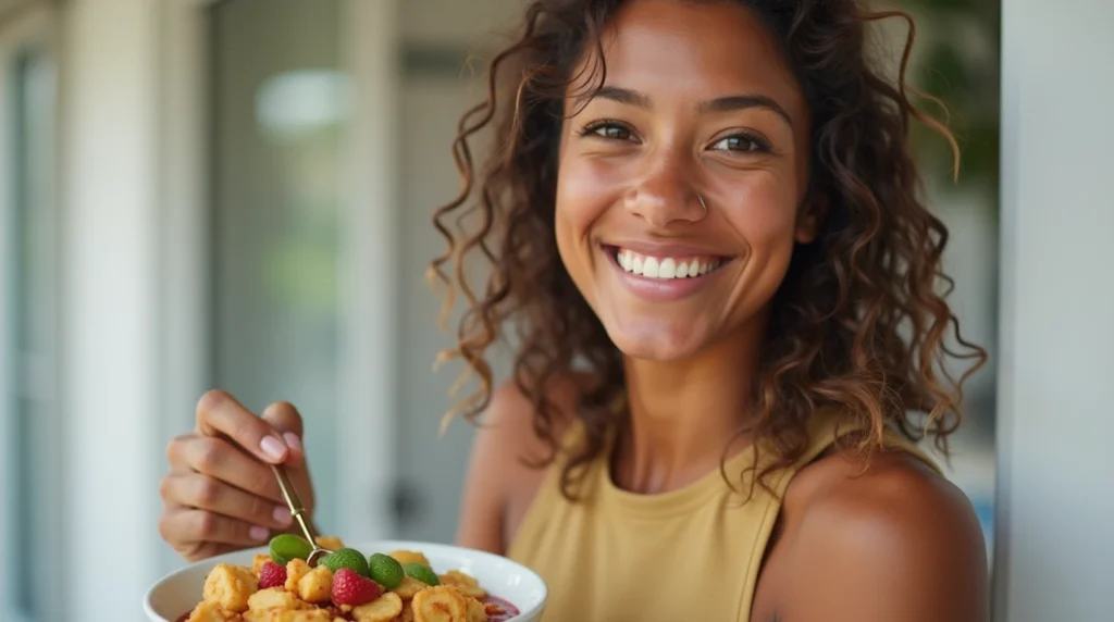 Enjoying a healthy protein breakfast, smiling while eating a protein-packed meal.