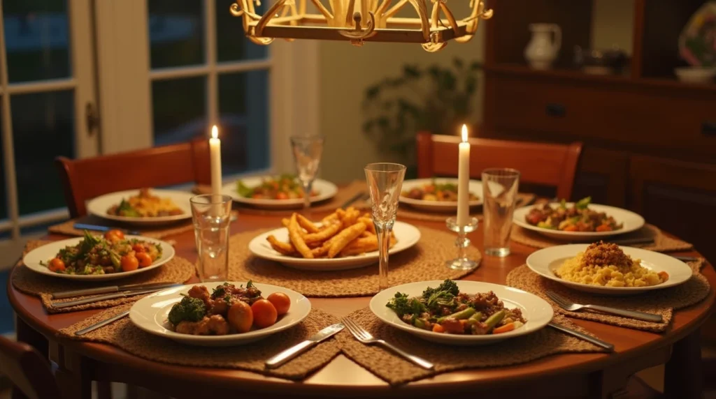 A beautifully set dinner table with delicious homemade meals, representing an inviting start to dinner for a week recipes.