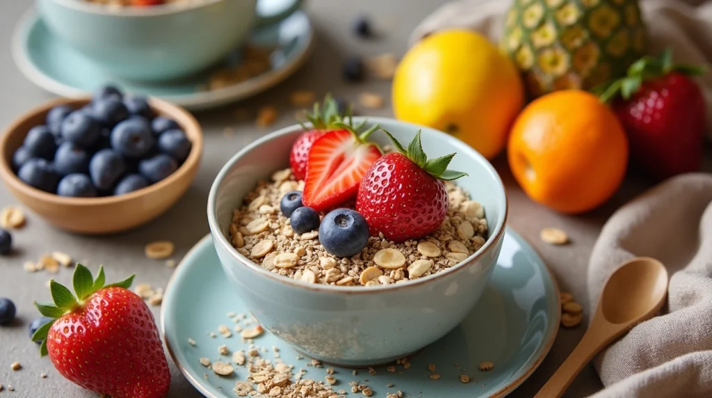 A vibrant breakfast spread with oatmeal, chia seeds, fruits, and nuts showcasing a fiber-rich start to the day.