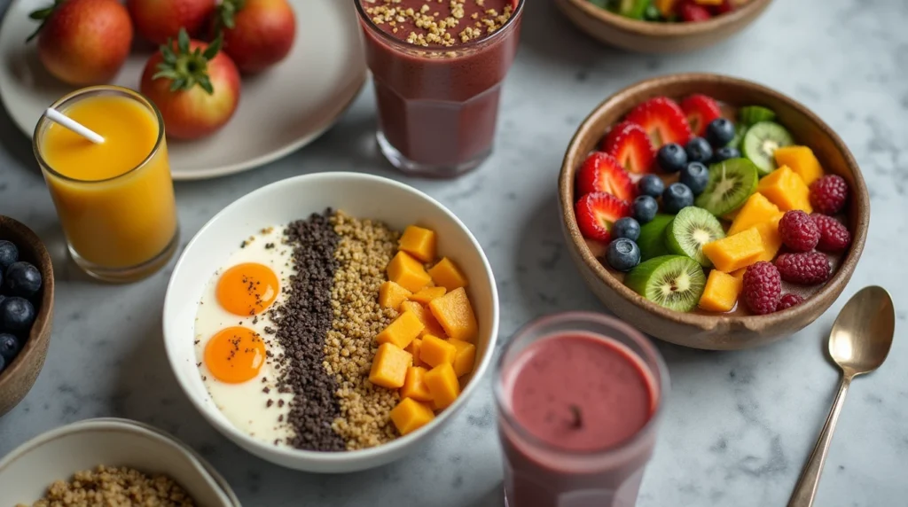 A healthy and delicious fiber breakfast recipes spread with fiber-rich meals like chia pudding, quinoa bowls, and smoothie bowls.