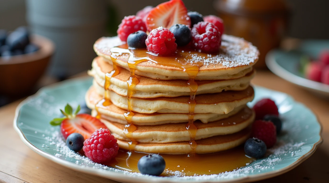 A stack of fluffy gluten-free pancakes topped with fresh fruit and syrup, showcasing a delicious gluten free pancake recipe for breakfast.