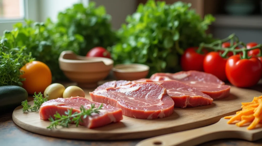 Fresh vegetables, herbs, and lean meats on a kitchen countertop, ready for a 30-minute dinner recipe.