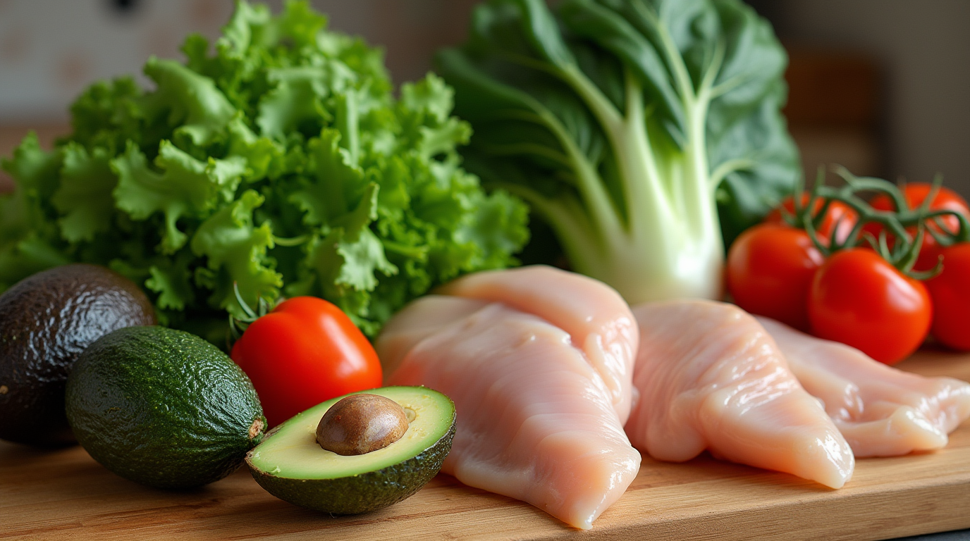 A vibrant selection of fresh, low-carb ingredients like leafy greens, avocados, and chicken breasts on a wooden counter, showcasing a healthy, low-carb lifestyle.