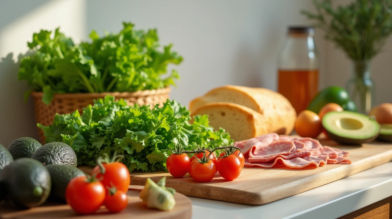 A kitchen counter with fresh ingredients for no cook lunch ideas, including vegetables, cheeses, and deli meats, ready for meal prep.