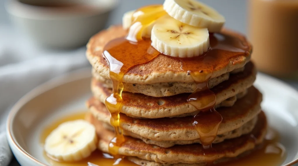 Generate a 16:9 image of a stack of gluten-free banana oat pancakes, topped with sliced bananas and maple syrup.